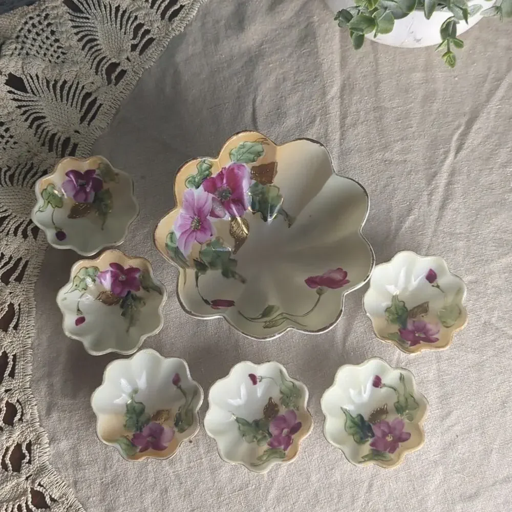 Vintage Made in Japan Porcelain Relish Server Set 3-Footed Bowl & 6 Floral bowls